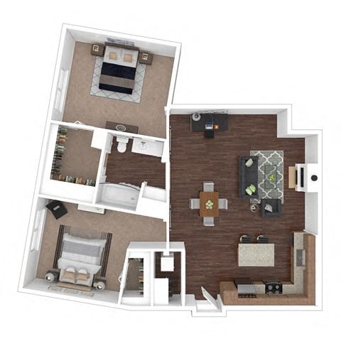 Floor plan for 2 beds, 1 bath, 916 sqft